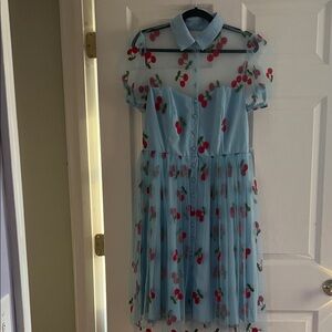 Unique Vintage Light Blue Cherry Print Mesh Dress
